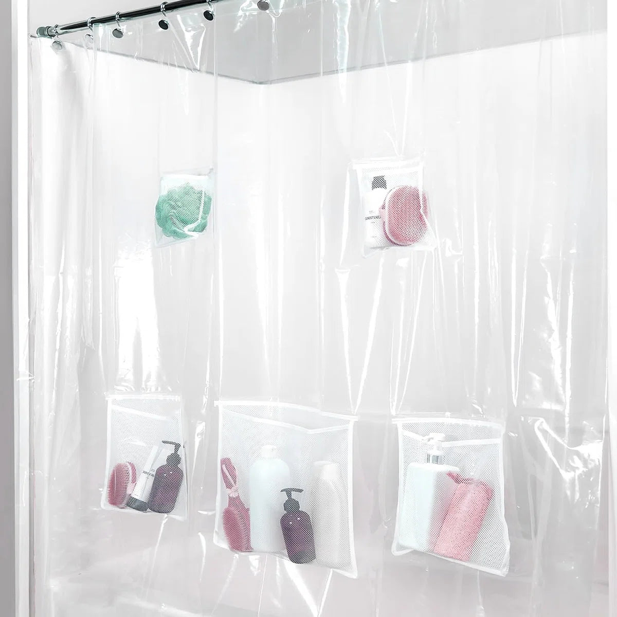 72"x72" - Peva Clear Heavyweight Thick Shower Curtain Liner With Mesh Storage Technology Pockets