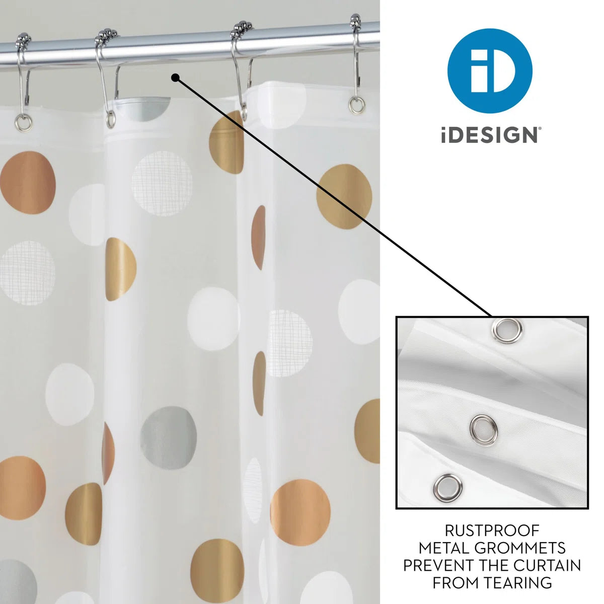 iDesign Gilly Dot PEVA Shower Curtain, Water Repellent - 72" x 72", Metallic